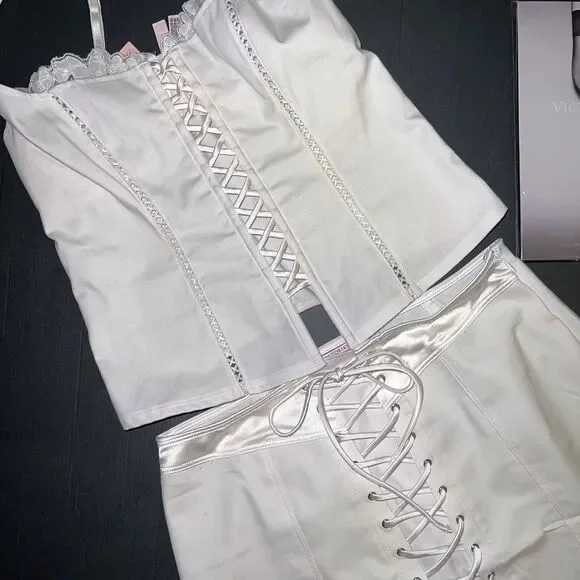 Victoria's Secret 34C 34D 36B M CORSET TOP+GARTER SKIRT CANVAS lace up WHITE
